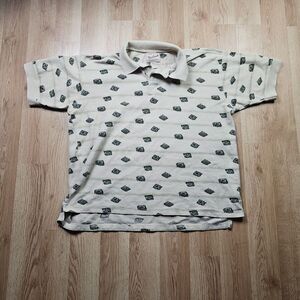 Vintage Woolrich‎ Polo Shirt Mens XL Boxy Tan Black Tomes AOP Camping Hiking